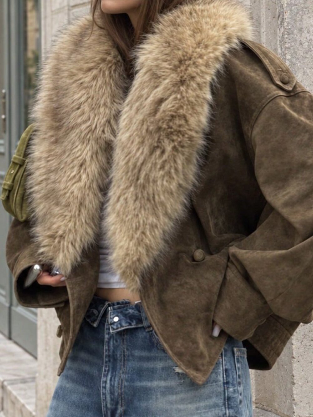 Khaki Casual Women's Regular Fit Contrast Faux Fur Jacket